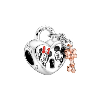 Pandora Disney 925 Sterling Zilveren Minnie and Mickey Heart Padlock and Key Bedel Met 14 Karaat Roségouden Plating 780109C01
